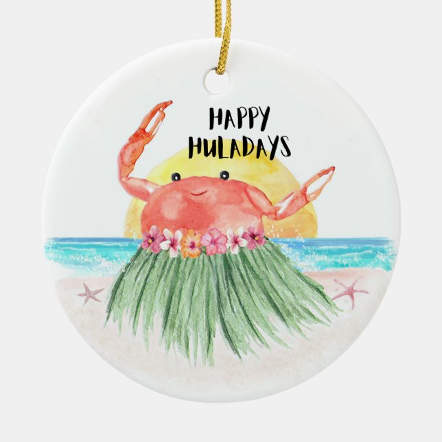 Happy Huladays Crab Tropical Beach Christmas Ceramic Tree Decoration (Front)