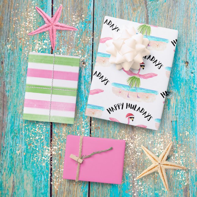Happy Huladays Flamingo Tropical Beach Christmas Wrapping Paper Sheet (Creator Uploaded)