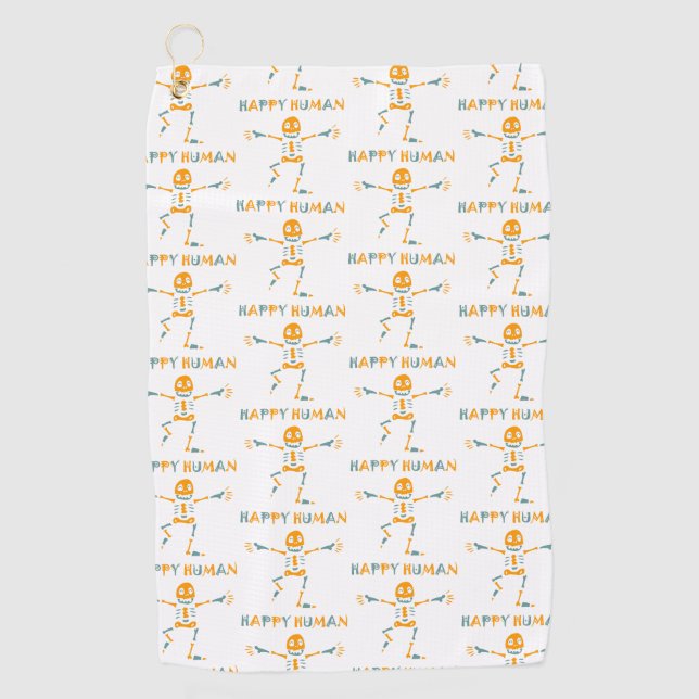 Happy human skeleton ceramic tile golf towel (Front)