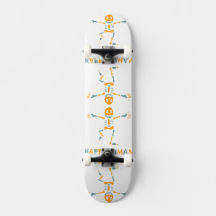 Happy human skeleton skateboard