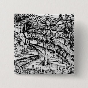 Happy husbandsmen tending bees, illustration from 15 cm square badge