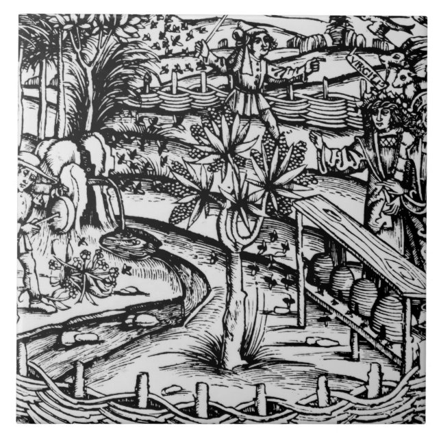 Happy husbandsmen tending bees, illustration from tile (Front)