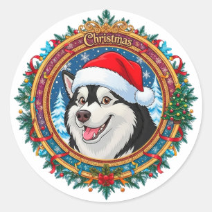 Happy Huslky Dog Inside Festive Christmas Wreath Classic Round Sticker