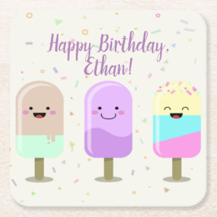 Happy Ice Cream Smiling Bars & Popsicles Square Paper Coaster