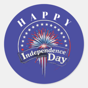 "HAPPY Independence Day" Fireworks and Stars Classic Round Sticker
