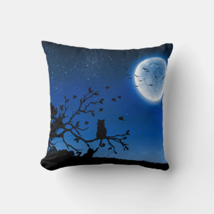 Happy International Cat Day Black Cat Under Moon Cushion