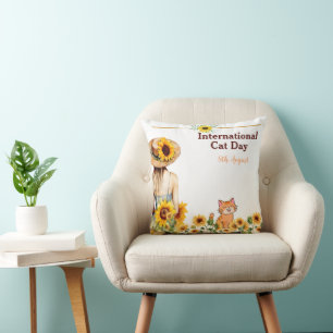 Happy International Cat Day Orange Tabby Sunflower Cushion