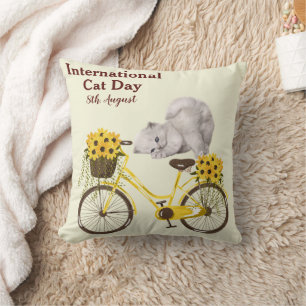 Happy International Cat Day Orange Tabby Sunflower Cushion