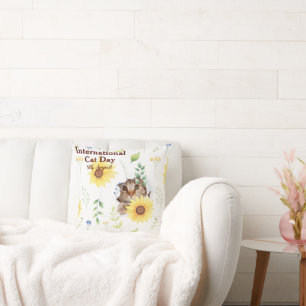 Happy International Cat Day Orange Tabby Sunflower Cushion