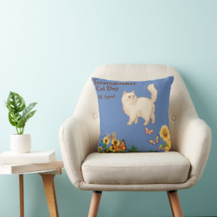 Happy International Cat Day Orange Tabby Sunflower Cushion