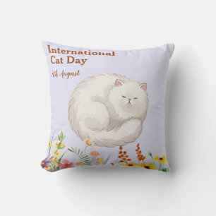Happy International Cat Day Orange Tabby Sunflower Cushion