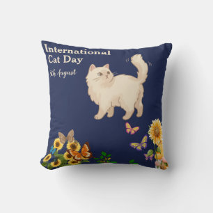 Happy International Cat Day Orange Tabby Sunflower Cushion