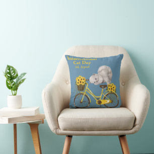 Happy International Cat Day Orange Tabby Sunflower Cushion