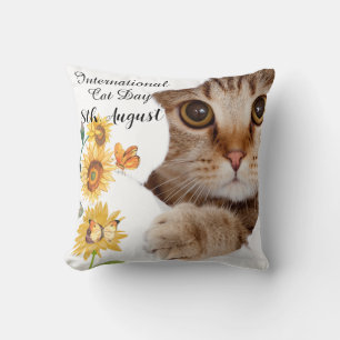 Happy International Cat Day Orange Tabby Sunflower Cushion