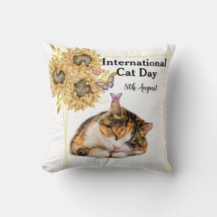 Happy International Cat Day Orange Tabby Sunflower Cushion