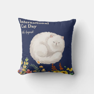 Happy International Cat Day Orange Tabby Sunflower Cushion