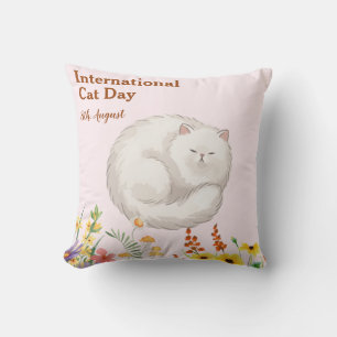 Happy International Cat Day Orange Tabby Sunflower Cushion