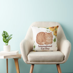 Happy International Cat Day Orange Tabby Sunflower Cushion