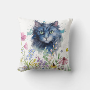Happy International Cat Day Watercolor Wildflower Cushion