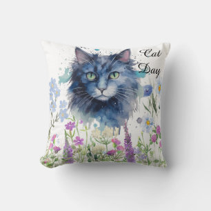 Happy International Cat Day Watercolor Wildflower Cushion