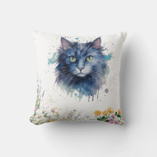 Happy International Cat Day Watercolor Wildflower Cushion