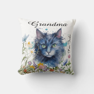 Happy International Cat Day Watercolor Wildflower Cushion