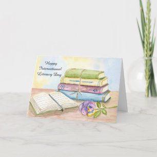 Happy International Literacy Day Books With Pansy Card