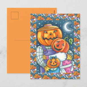 HAPPY JACK O LANTERN FAMILY, COLORFUL AND CUTE HOLIDAY POSTCARD
