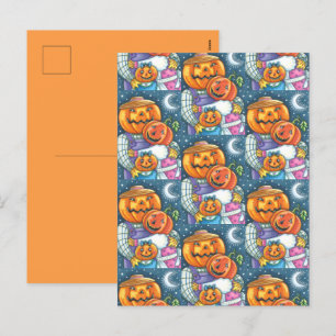 HAPPY JACK O LANTERN FAMILY, COLORFUL AND CUTE HOLIDAY POSTCARD
