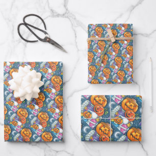 HAPPY JACK O LANTERN FAMILY, COLORFUL AND CUTE WRAPPING PAPER SHEET