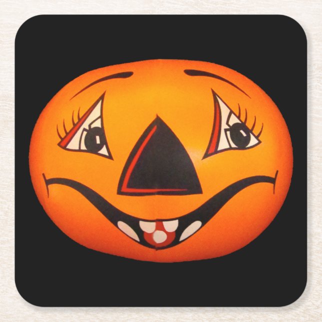 Happy Jack O’ Lantern Halloween Square Paper Coaster (Front)