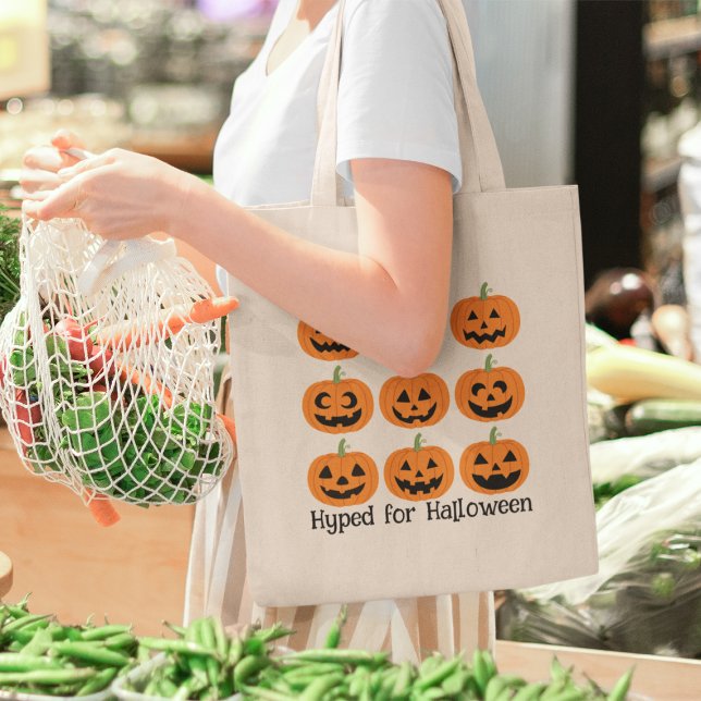 Happy Jack-O'-Lanterns Hyped for Halloween Tote Bag (This item is for display purposes only to illustrate the design element. )