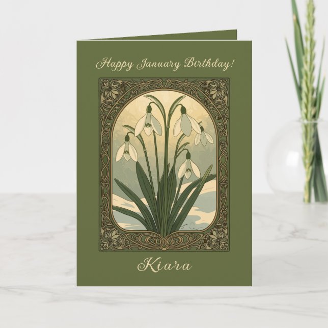 Happy January Birthday Snowdrop Flowers Art Nouvea Card (Front)