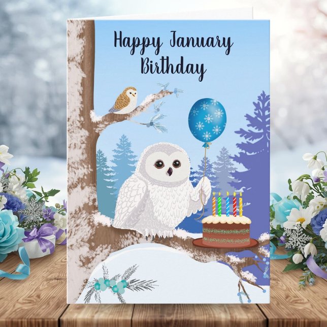 Happy January Birthday Snowy Owl with Cake Card (Creator Uploaded)