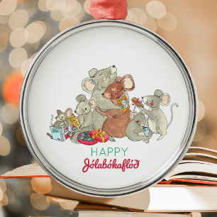 Happy Jolabokaflod Mouse Family Christmas Ceramic  Metal Tree Decoration