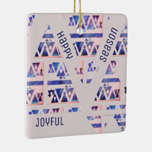 Happy Joyful Season Modern Blue & Off White Ceramic Ornament
