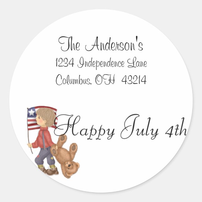 Happy July 4th Boy/Bear & Flag Address Labels (Front)