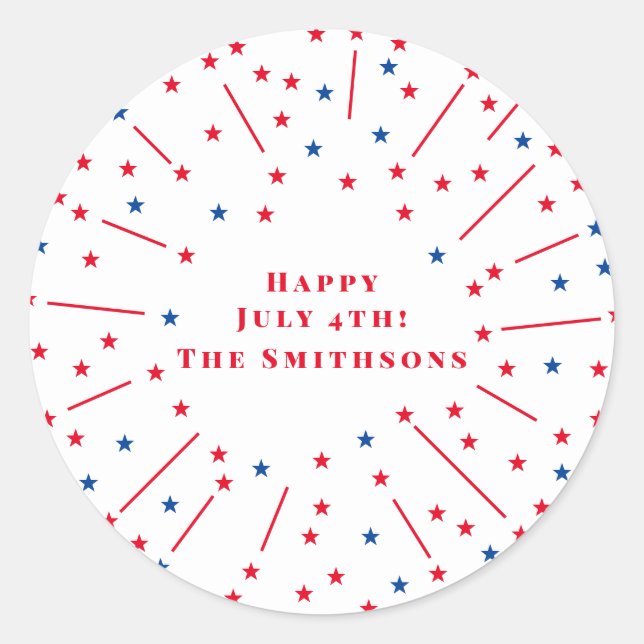 Happy July 4th Fireworks and Stars Custom Classic Round Sticker (Front)
