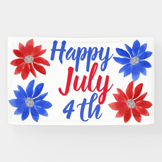 Happy July 4th Red White Blue Glitter Banner (Horizontal)