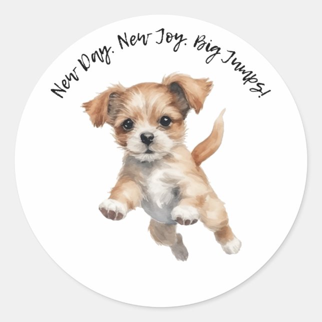 Happy Jumping Dog Art – New Day Positive Gift Classic Round Sticker (Front)
