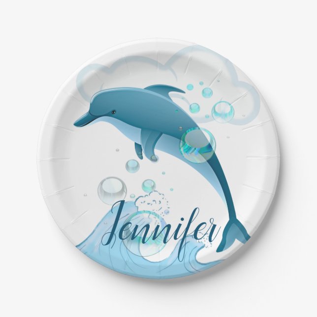 Happy Jumping Dolphin with Bubbles Paper Plate (Front)