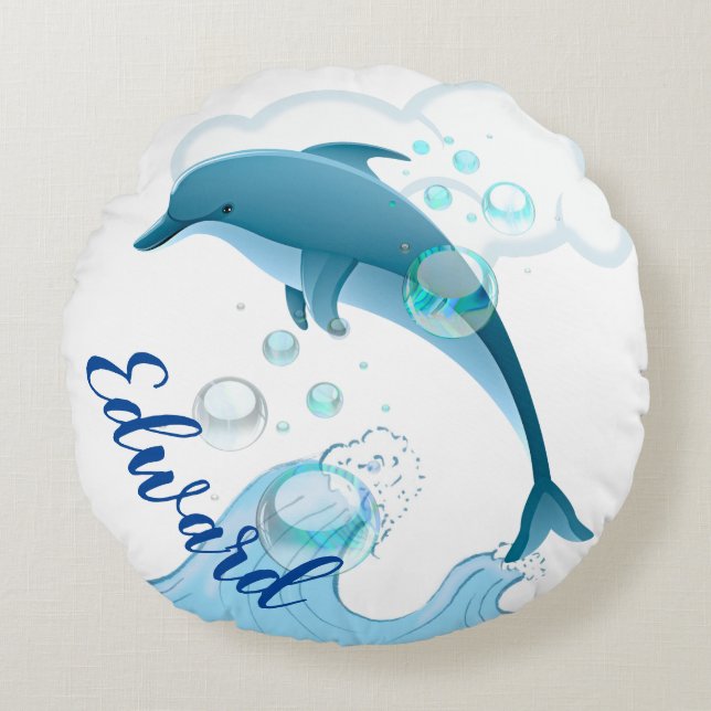 Happy Jumping Dolphin with Bubbles Round Cushion (Front)