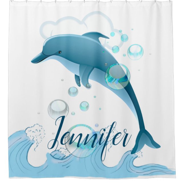 Happy Jumping Dolphin with Bubbles Shower Curtain (Front)