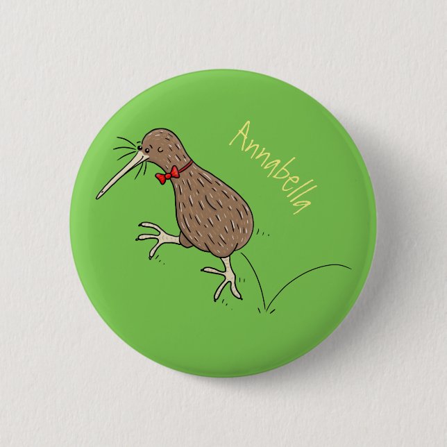 Happy jumping kiwi with bow tie cartoon design 6 cm round badge (Front)