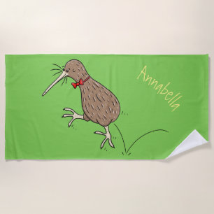 Happy jumping kiwi with bow tie cartoon design beach towel