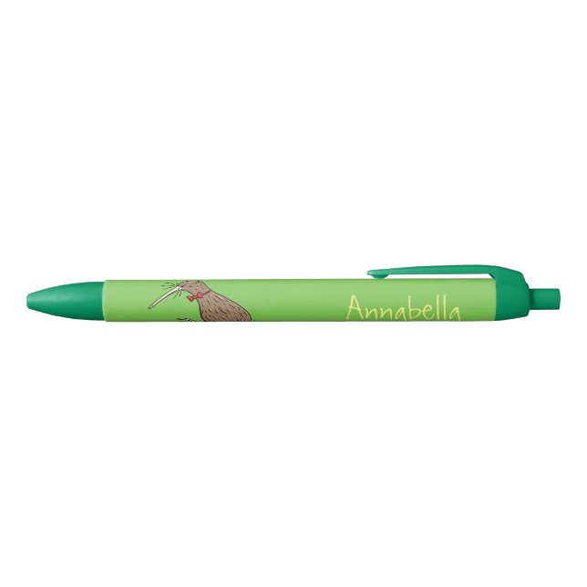 Happy jumping kiwi with bow tie cartoon design black ink pen (Top)