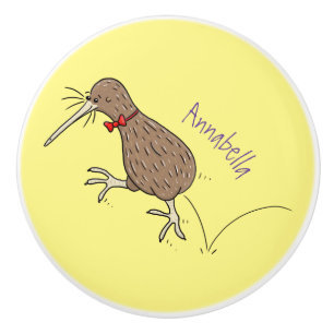 Happy jumping kiwi with bow tie cartoon design ceramic knob