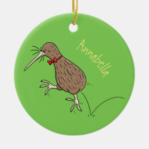 Happy jumping kiwi with bow tie cartoon design ceramic tree decoration