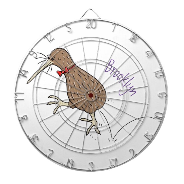 Happy jumping kiwi with bow tie cartoon design dartboard (Front)