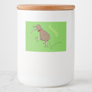 Happy jumping kiwi with bow tie cartoon design food label